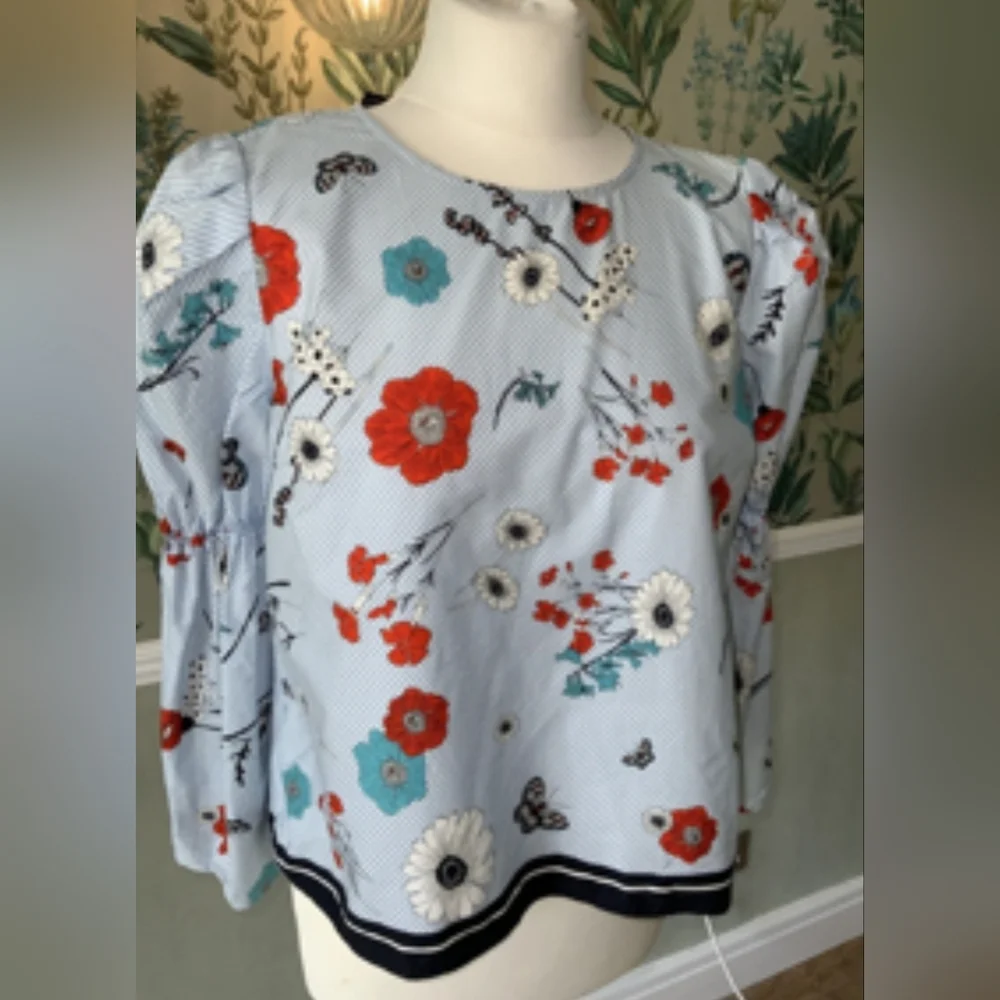 Zara Pinstripe Floral Puff Sleeve Cotton Blouse Button Down Back Women's XS